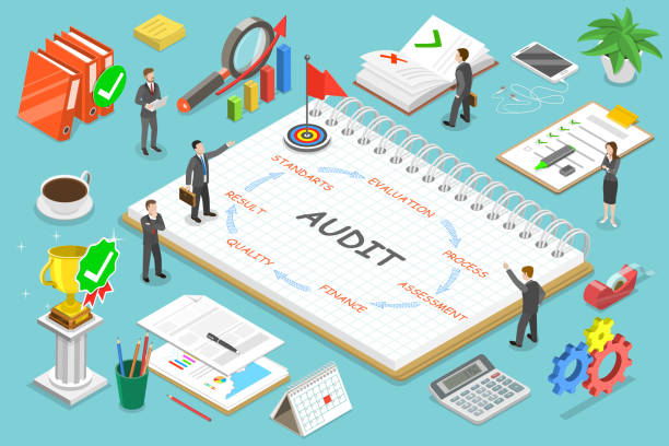 Flat isometric vector concept audit, tax examination, financial report.